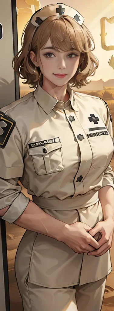 (masuter piece, best quality, very detailed), (fine face), 1 women, nurse、standing、from the waist up、golden hair、curly hair、bangs、lots of bangs、brown Eyes、Slight smile、nurse uniform , (in desert:1.5) , (ambulance:1.5) 