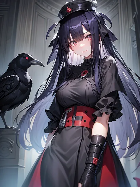 girl, dark, glowing eyes, evil, evil smile, evil and scary look, raven nearby