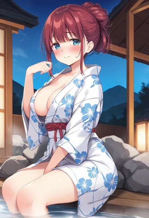 Cute little beautiful girl、、naked、After the climax(blush:1.5)、Embarrassed、Beautiful Skin、Open yukata、Beautiful breasts,Tied up hair、hot spring