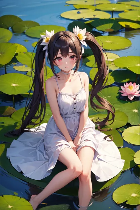 ((4K,masterpiece,Highest quality)), Lotus,  , A girl dressed modestly, alone,  Weeping face,barefoot,
Twin tails