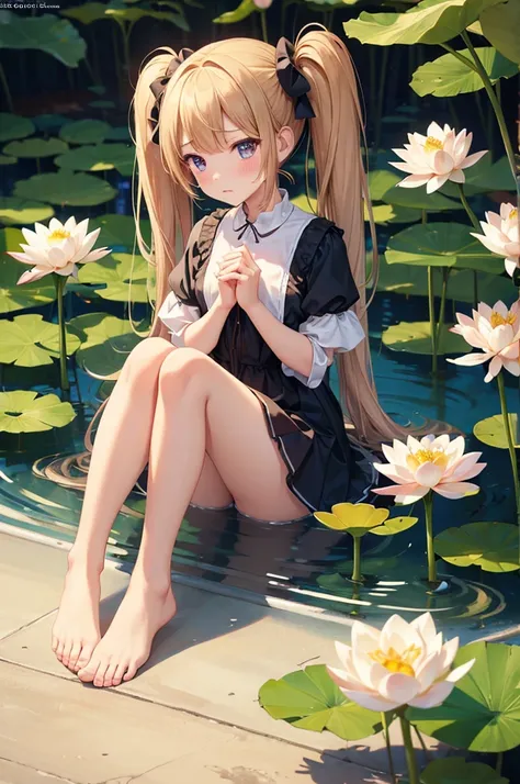 ((4K,masterpiece,Highest quality)), Lotus,  , A girl dressed modestly, alone,  Weeping face,barefoot,
Twin tails