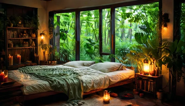 bedroom view with fire in the fireplace in the room, large windows overlooking the forest, quiet night. original image, rainy da...