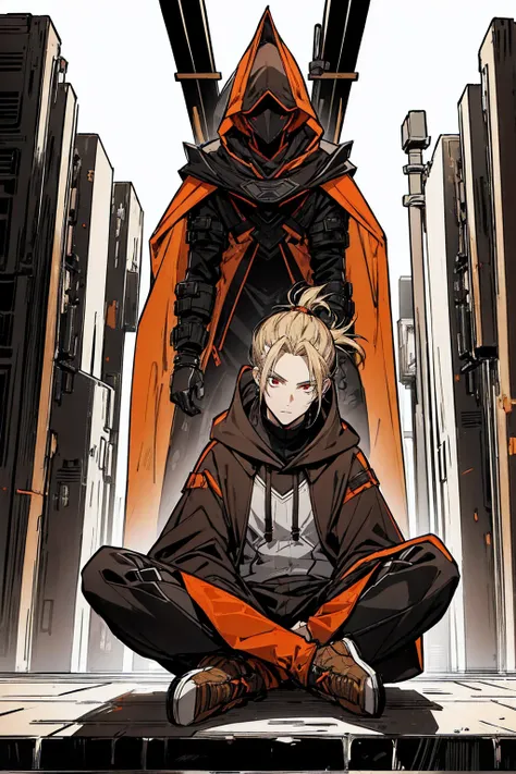 Tall, tannish, male, equipped with battle suit, covered by dark orange cloak, blonde hair in manbun, red eyes, handsome, sitting down calmly in night, hood covering face, alone.