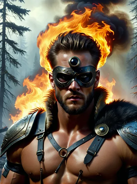 Creatures from Norse mythology，Tall Cyclops，(The huge single eye is covered by a black eye patch:1.4)，powerful，muscular，Wild，(Black eye mask)，Intricate details，forest，Blazing Hell，harsh environment，Fantasy Art，Dark Fantasy，Intense gaze，Savage outfit，Detail...