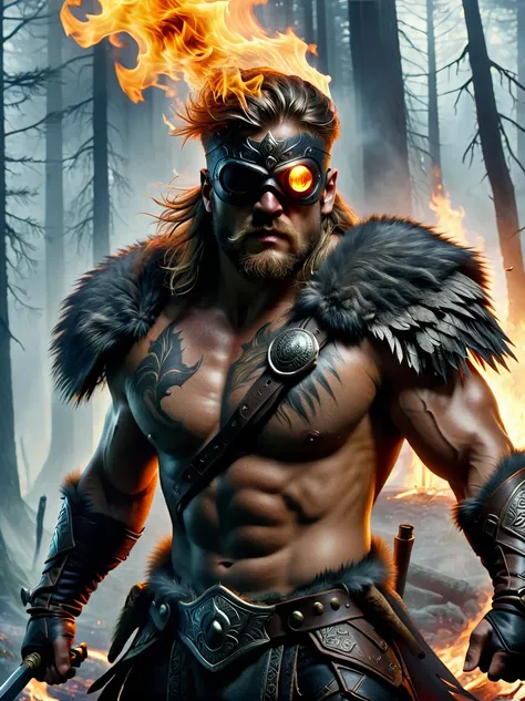 Creatures from Norse mythology，Tall Cyclops，(The huge single eye is covered by a black eye patch:1.4)，powerful，muscular，Wild，(Black eye mask)，Intricate details，forest，Blazing Hell，harsh environment，Fantasy Art，Dark Fantasy，Intense gaze，Savage outfit，Detail...