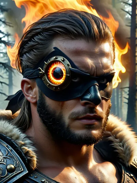 Creatures from Norse mythology，Tall Cyclops，(The huge single eye is covered by a black eye patch:1.4)，powerful，muscular，Wild，(Black eye mask)，Intricate details，forest，Blazing Hell，harsh environment，Fantasy Art，Dark Fantasy，Intense gaze，Savage outfit，Detail...