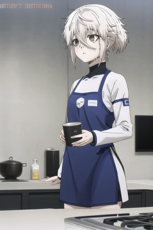 Captura de pantalla del anime Blue Lock. Pale-skinned woman with long platinum blonde hair tied up in a messy manner. Amber eyes and a small mole under the left eye. Viste una CAMISA VERDE AGUA PASTEL con delantal blanco de cocina. Adolescente. There is an...