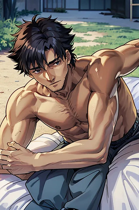 Kiritsugu Eimya is lying, sideways facing you, in bed. his muscular body is exposed; only wearing black Calvin Klein boxers. His big, hairy, sweaty chest is facing your point of view. He is staring at you ensuring your protection.