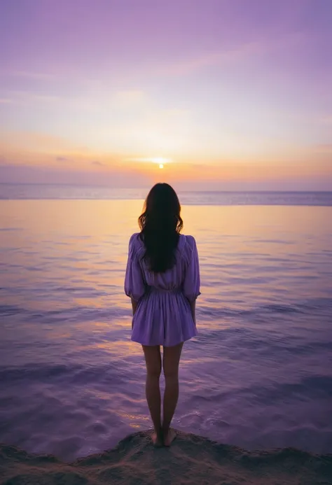 A serene horizon and the back of a young woman, calm and innocent. Standing on the edge of a calm sea as the sun sets, the sky is tinged with shades of orange and purple.