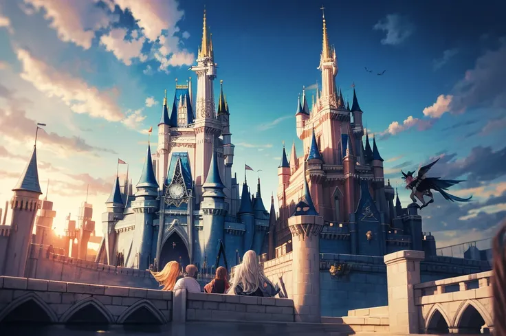 magic kingdom、floating buildings、magical creatures flying in the sky、