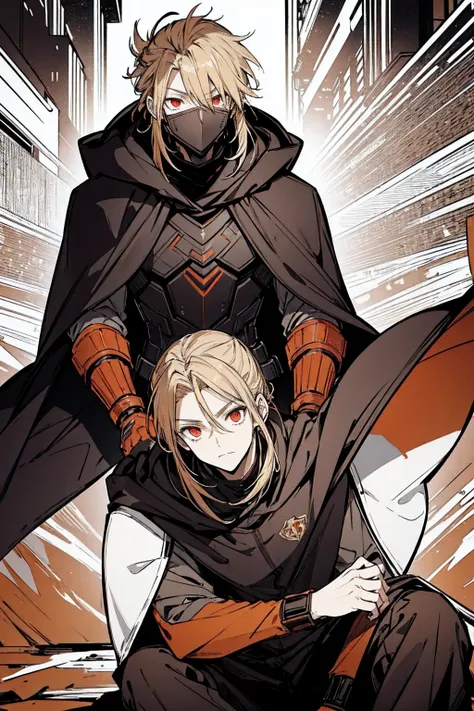 Tall, tannish, male, equipped with battle suit, covered by dark orange cloak, blonde hair in manbun, red eyes, handsome, sitting down calmly in night, hood covering face, alone.