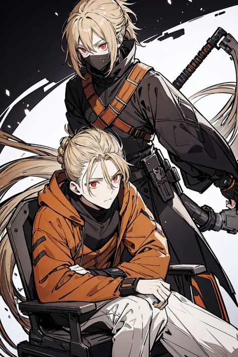 Tall, tannish, male, equipped with battle suit, covered by dark orange cloak, blonde hair in manbun, red eyes, handsome, sitting down calmly in night, hood covering face, alone.