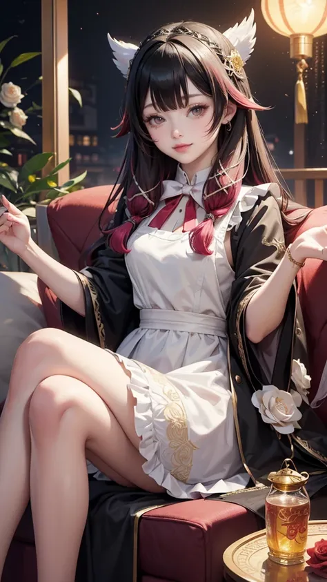 Columbina_(genshin impact), white roses, ornament hair, roses on her hair, maid, maid dress, maid headdress, maid apron, black hair, pink hair, long hair, seat on a sofa, chinese home style, Chinese maid dress, gold lantern, white dress, more details on he...