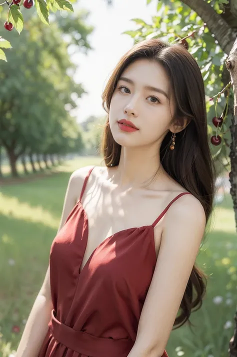 (((best quality))),(((ultra detailed))),(((masterpiece))),illustration,1 beautiful girl,solo,medium straight hair,slim,flat chest,red dress,summer,(cherry orchard full of cherries:1.2),sunlight,dappled light,fair skin,smile,(ripest cherries on the trees:1....