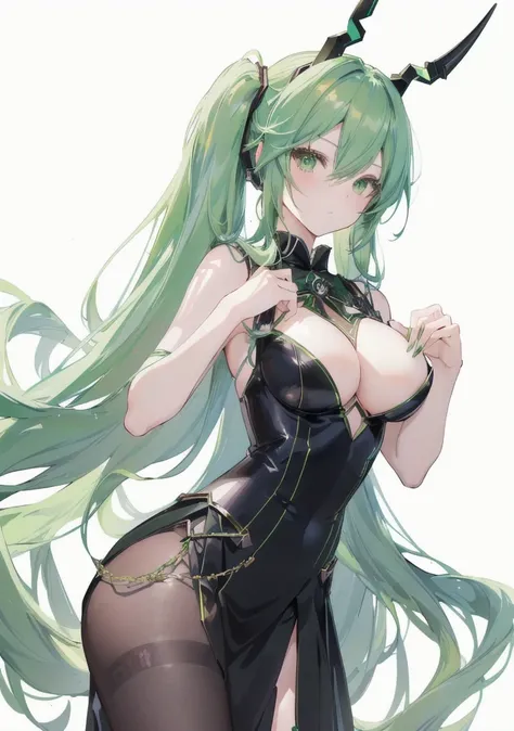 With long green hair and horns，Anime girl in black dress, Attractive anime girl, top rated on Pixif, at Pixif, Cute anime girl in a beautiful skirt, Micudayo, Hatsune Miku, , Pixif, Pixif 3dcg, best anime 4k konachan wallpaper, One Punch Man Tatsumaki