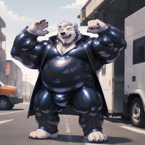 masterpiece, best quality, 8k resolution, Very detailed, hairy，(((polar bear))，(((Mature)))，(((beard))),(((Strong)))，(((White hair all over body)))，portrait，(((White hair)))，(((Roadside)))，(((Left hand on waist)))，For the audience，(((Purple gel coat))),(((...