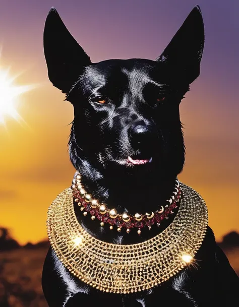 black dog with fashion jewelry all over head, sunshine background