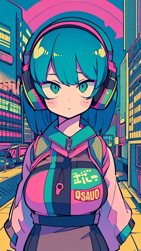 Best quality, (masterpiece:1.2), best detail face,1 girl is walking, big breasts, 18 yo, 8k,absurdres,unity 8k wall paper,(extremely detailed:1.3), highest realistic, (retro headphones:1.1),(psychedelic:1.2),Retro cityscape, 1girl in, retro artstyle, neon ...