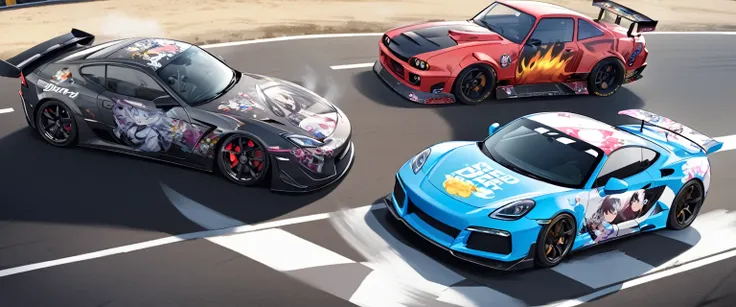 Two sports cars、race、Dead Heat、((The hood has a Japanese anime girl printed on it.))、((Car wrapping))、Itasha、drift、battle、Dead Heat、Winding Road、Speed