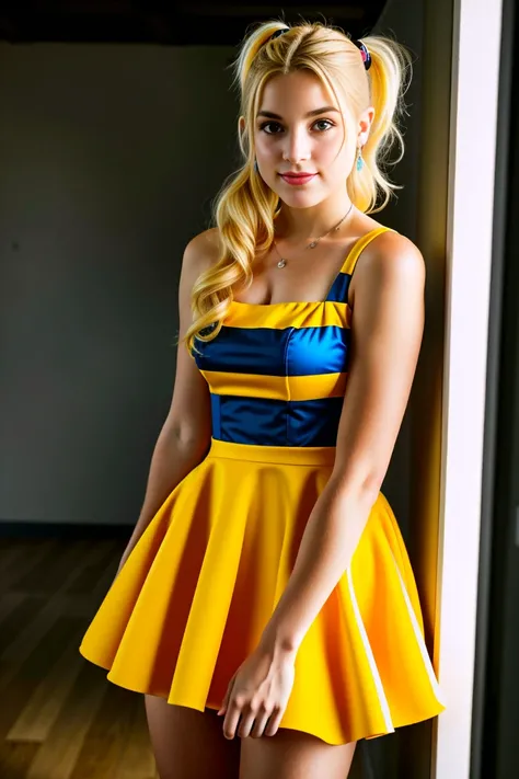 Obra maestra, foto en bruto de 8k muy detallada, best cinematographic quality, surround volumetric lighting and shadows of a beautiful blonde girl in a yellow comic dress with aquamarine eyes, Toma desde el punto de vista, fondo del club nocturno, retrato ...