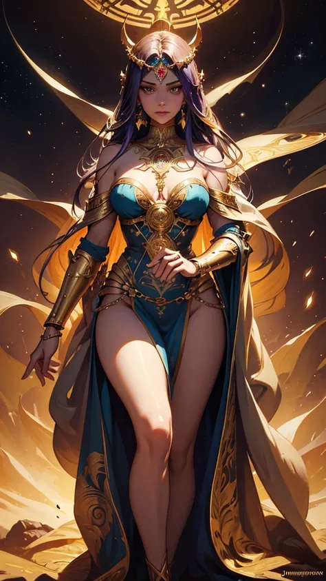 (The Goddess of Sand, beautifully decorated like in the movie, Golden Dress, Shiny gold tattoo), (Galactic Shaman with Quantum Energy Fantasy), Fantasy magic, Long Hair, Dark light night, complicated, Mysterious, Sharp focus, figure, Very detailed, Digital...