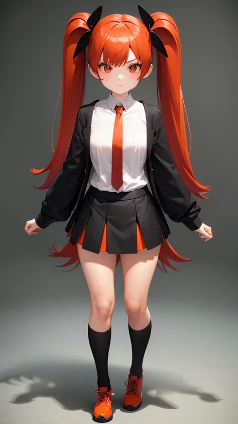 girl in a short skirt in knee-length stockings, red, black and orange hair,Twin Tail, full height, 3D wallpaper.