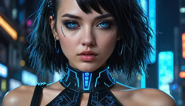 Close-up of woman in black and blue dress, Highly detailed digital art in 4K, 4K Detailed Digital Art, リアルなDigital Art 4K, リアルなDigital Art 4K, Amazing digital illustrations, Beautiful SF girl portrait, SF Woman Portrait, Digital Art 4K, Portrait of a cyber...