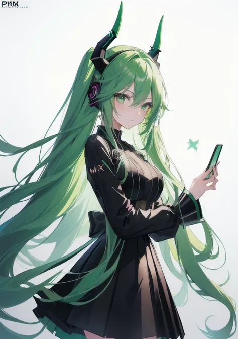 With long green hair and horns，Anime girl in black dress, Attractive anime girl, top rated on Pixif, at Pixif, Cute anime girl in a beautiful skirt, Micudayo, Hatsune Miku, , Pixif, Pixif 3dcg, best anime 4k konachan wallpaper, One Punch Man Tatsumaki