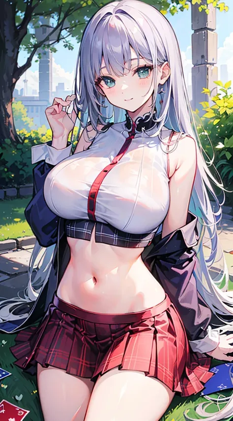 A very cute sister sitting on the lawn，(Large Breasts:1.8)，Card issuance，Perfect body，(Long purple-gray hair)，(Blue-green eyes)，High Detail，high quality，(White crop top shirt:1.5)，(Navel exposed:1.5)，(sleeveless:1.2)，(red plaid skirt)，Gentle smile，whole bo...