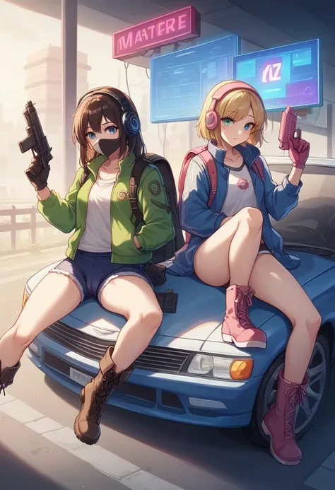 ((high quality)), ((masterpiece)), 8k, Two Girls, car, light, Highly detailed CG Unity 8k wallpaper, CG games, View your viewers, gloves, boots, whole body, clock , computer, mask, Drone, Possession of a gun, Headphones, Jacket, bag, Backpack, Camel Toe, n...