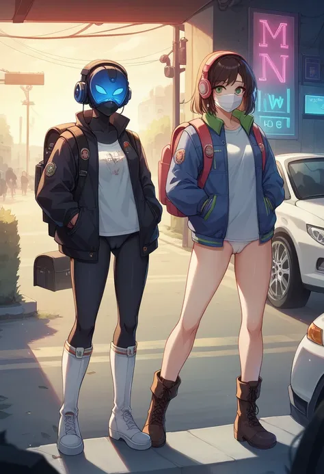 ((high quality)), ((masterpiece)), 8k, Two Girls, car, light, Highly detailed CG Unity 8k wallpaper, CG games, View your viewers, gloves, boots, whole body, clock , computer, mask, Drone, Possession of a gun, Headphones, Jacket, bag, Backpack, Camel Toe, n...