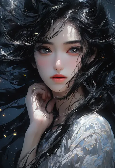 (best quality, hyper-detailed, masterpiece, beautiful image) digital art, 4k, anime, young adult, black medium hair, cold, melancholic, dark background, half body up, girl