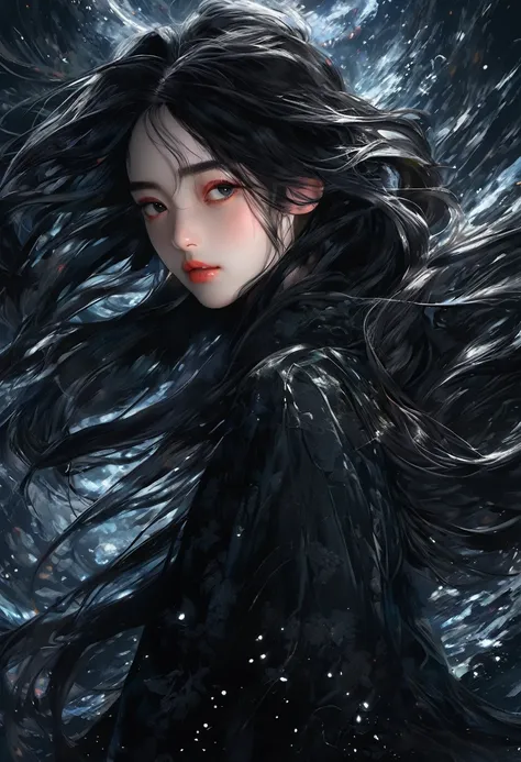 (best quality, hyper-detailed, masterpiece, beautiful image) digital art, 4k, anime, young adult, black medium hair, cold, melancholic, dark background, half body up, girl