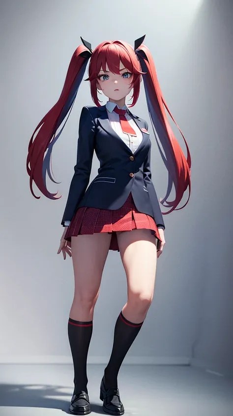 girl in a short skirt in knee-length stockings, red and blue hair,Twin Tail, full height, 3D wallpaper.