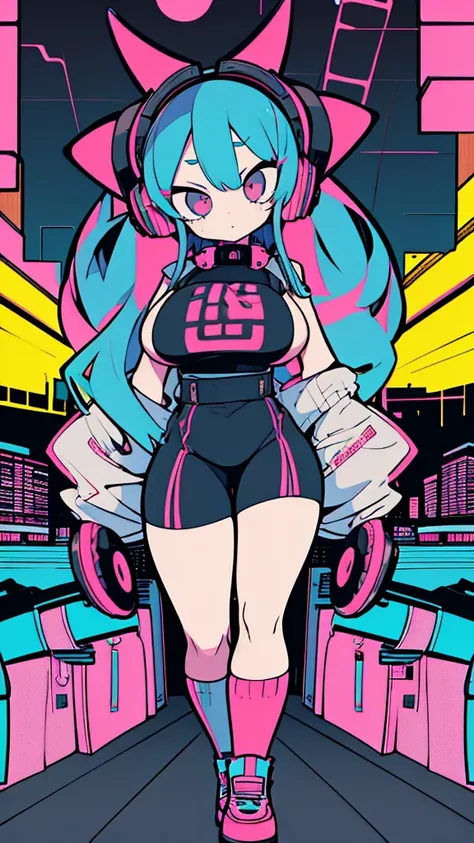 Best quality, (masterpiece:1.2), best detail face,1 girl is walking, big breasts, 18 yo, 8k,absurdres,unity 8k wall paper,(extremely detailed:1.3), highest realistic, (retro headphones:1.1),(psychedelic:1.2),Retro cityscape, 1girl in, retro artstyle, neon ...