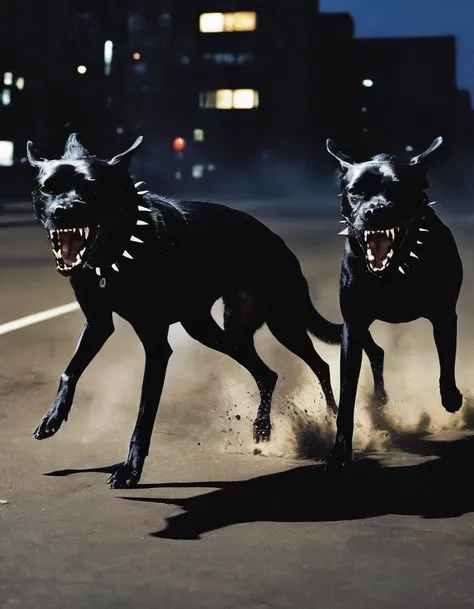 fashion shoot of an angry black dogs running on the night street