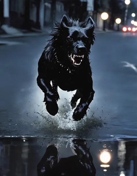 fashion shoot of an angry black dogs running on the night street