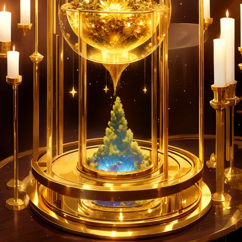 SF , Round closed space made of gold and glass , Incorporate natural elements into your altar , magic floating in the air , colorful elements , Attention to detail , Realistic