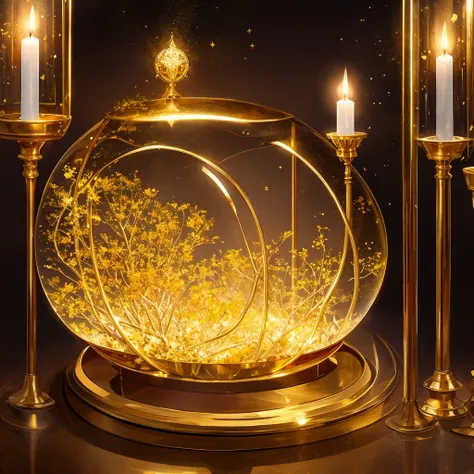 SF , Round closed space made of gold and glass , Incorporate natural elements into your altar , magic floating in the air , colorful elements , Attention to detail , Realistic