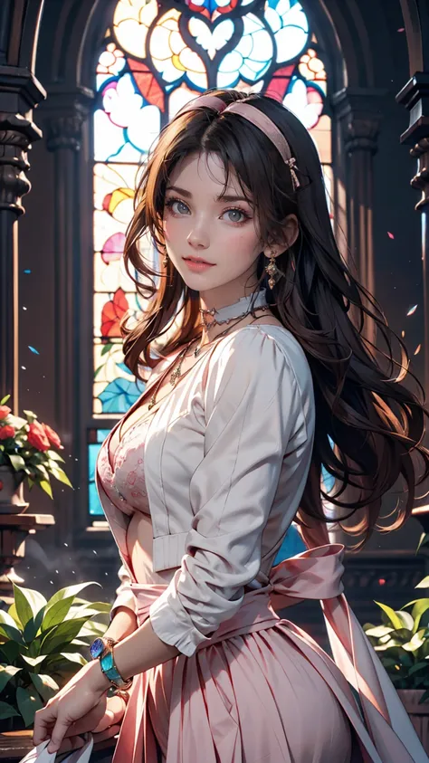 Tabletop, Highest quality, High resolution, Ticker, Super detailed, High resolution, Highly Detailed CG Unity 8K Wallpaper, Perfect artwork, Perfect female body type, One Girl, Aerith Gainsborough, Choker Necklace, Cropped jacket, Hair Ribbon, bracelet, Pi...