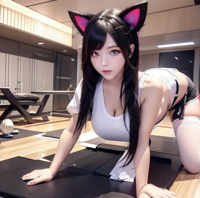 Taiwanese girl 18 years old with baby face and big breasts Asian woman wearing white shirt and black shorts lying on yoga mat，Anime Girls Cosplay，cat ears and tail, cat ears anime girl, Ahri from League of Legends is a girl wearing a maid outfit，have big b...