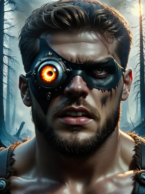 Creatures from Norse mythology，(Tall Cyclops:1.3)，(The huge single eye is covered by a black eye patch:1.4)，powerful，muscular，Wild，Intricate details，forest，Blazing Hell，harsh environment，Fantasy Art，Dark Fantasy，Intense gaze, Dramatic lighting，fire，cigaret...