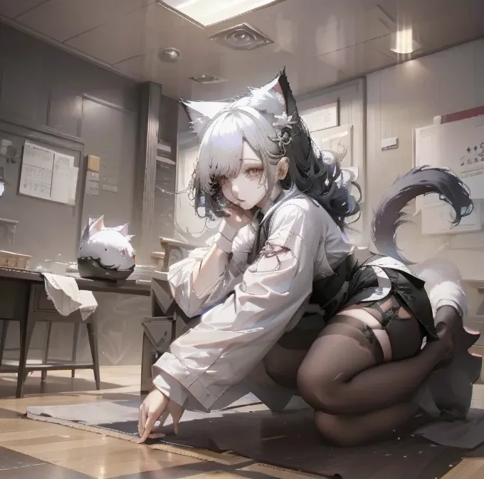 Taiwanese girl 18 years old with baby face and big breasts Asian woman wearing white shirt and black shorts lying on yoga mat，Anime Girls Cosplay，cat ears and tail, cat ears anime girl, Ahri from League of Legends is a girl wearing a maid outfit，have big b...