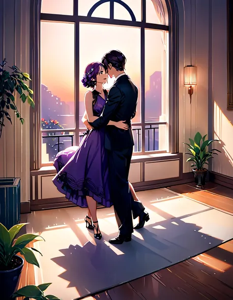 In an Art Deco-style room in the 1920s, an arched window leads to a balcony, it is dusk outside, A small star is coming,  outthere is a potted plant by the window, and a man and woman are dancing the tango facing each other. The man is facing forward and t...