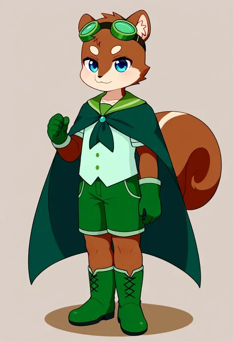 boy, furry, blown squirrel ears, animal ear fluff, bodyfur, blown squirrel tail, green goggles, green club budge, green neckerchief, green sailor collar, green cloak, light green polo shirt, short sleeves, green shorts, green rubber gloves, green wellingto...