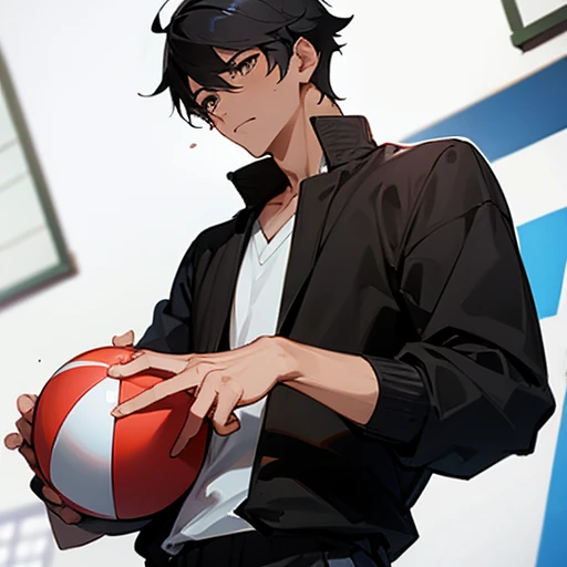 physical education teacher, male, Black Hair, holding a ball, passionate teacher, Bancho