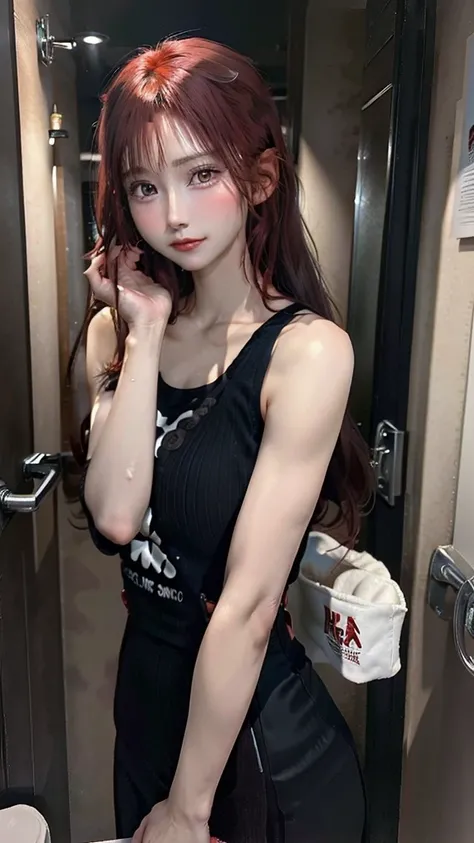 red-haired woman, description of confusion and desperate itching, modern era, casual clothing, bathroom, woman looking at mirror applying remedies, bathroom background, medium shot, hyper-realistic, photo realism, cinematography