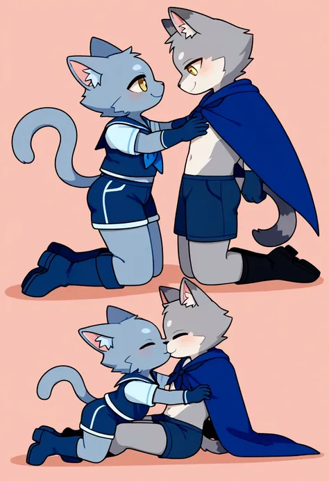 boy, furry, grey cat ears, animal ear fluff, bodyfur, grey cat tail, blue spade budge, blue neckerchief, blue sailor collar, blue cloak, light blue polo shirt, short sleeves, blue shorts, blue rubber gloves, blue wellington boots