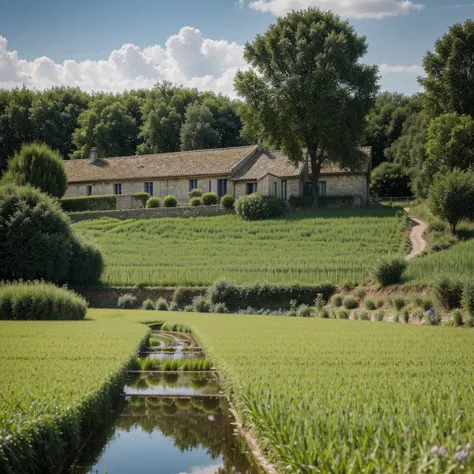 Vieux agriculteur transportant une charge plate, walking along winding path in campagne, Grande Lune, Jupiter reflected, gros nuages, Ciel bleu, Rice fields, plants de riz soignés dans les champs, forest, flanc de coteau, secluded, campagne, HD detail, hyp...