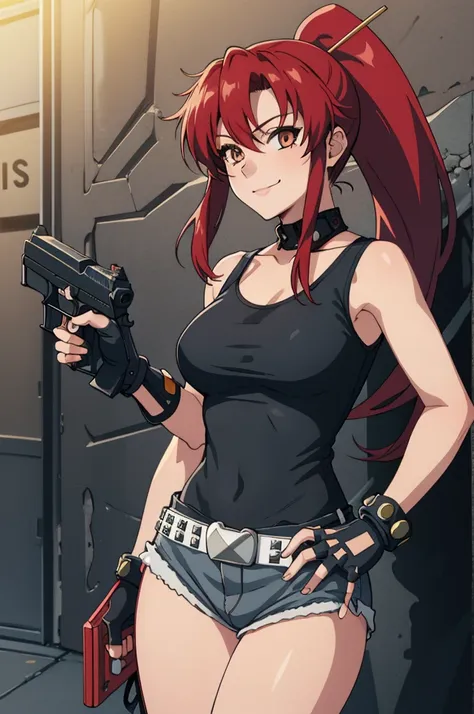 1girl, cute, sexy, red hair, cowboy shot, solo, revy, evil smile, holding gun, handgun, pistol, ponytail, tank top, fingerless g...